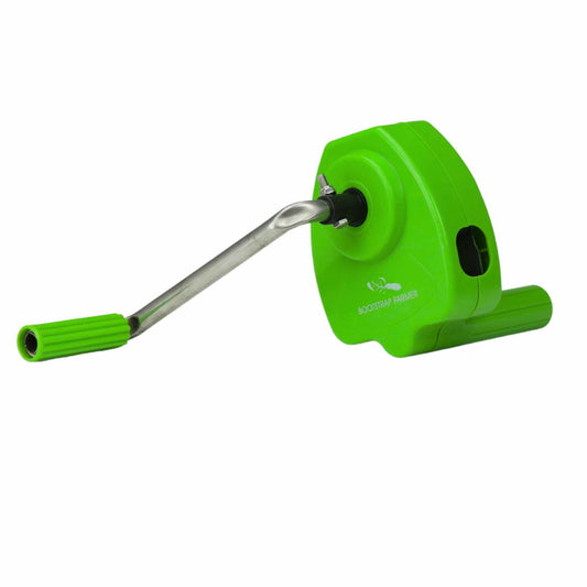 Bootstrap Farmer's bright green plastic and silver hand crank irrigation tool features a ribbed green handle and a small black center piece
