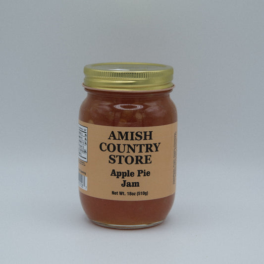 Canned Amish Country Store Apple Pie Jam jar showing golden jam with apple pieces and label, 18 oz size.