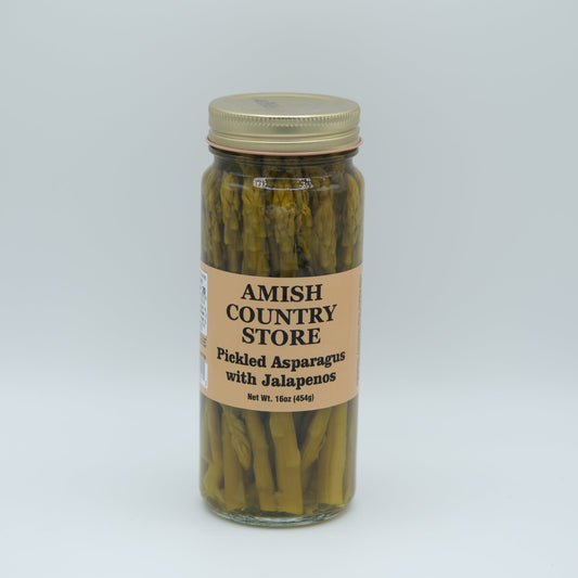 Canned Amish Country Store pickled asparagus with jalapenos in a 16oz jar, showcasing bright green asparagus and spicy jalapenos.