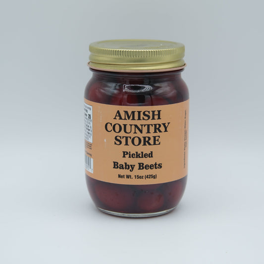 Canned Amish Country Store pickled baby beets in 15oz can, showcasing vibrant red beets in brine.