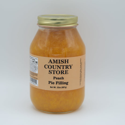 Amish Country Store peach pie filling in a jar, showcasing fresh peach chunks and syrup, perfect for baking desserts