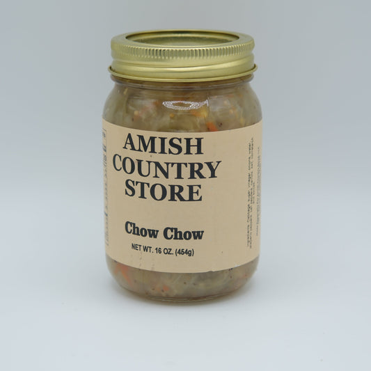 Canned Chow Chow relish in 16oz jar from Amish Country Store, showing a jar filled with colorful, chunky mixed vegetables and spices.