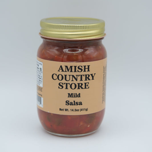 Canned Amish Country Store Mild Salsa in a 14.5 oz can, showcasing the label and product details on the lid.
