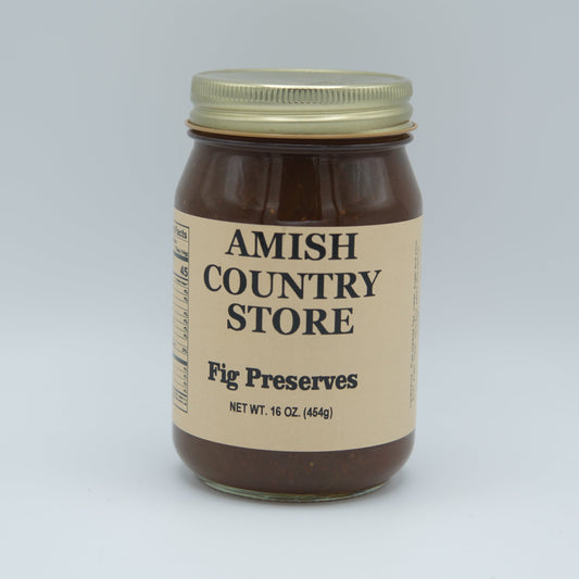 Canned Amish Country Store fig preserves jar with label, 16 oz, showcasing glossy figs inside the preserves.