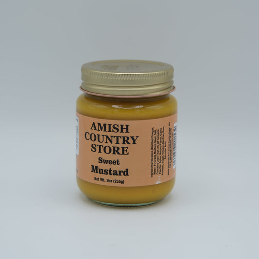 Amish Country Store sweet mustard in a 9oz glass jar, showing the jar with mustard and label on a white background.