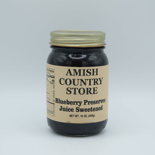 Blueberry preserve juice in a 16 oz can from Amish Country Store, showcasing fresh blueberries and vibrant packaging.