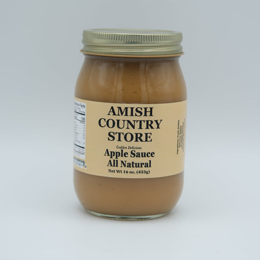 Canned Amish Country Store Golden Delicious Apple Sauce in 19 oz can, no sugar added, showcasing a jar of creamy apple sauce.