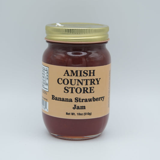 Amish Country Store banana strawberry jam in an 18 oz jar, showcasing fresh fruit and vibrant label on canned goods.