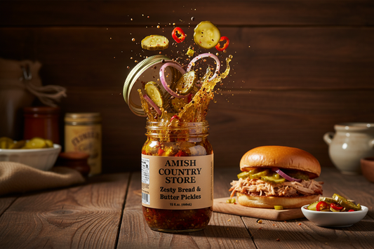 Canned Zesty Bread & Butter Pickles in a 32 oz jar from Amish Country Store, showing jars with colorful pickles and labels.