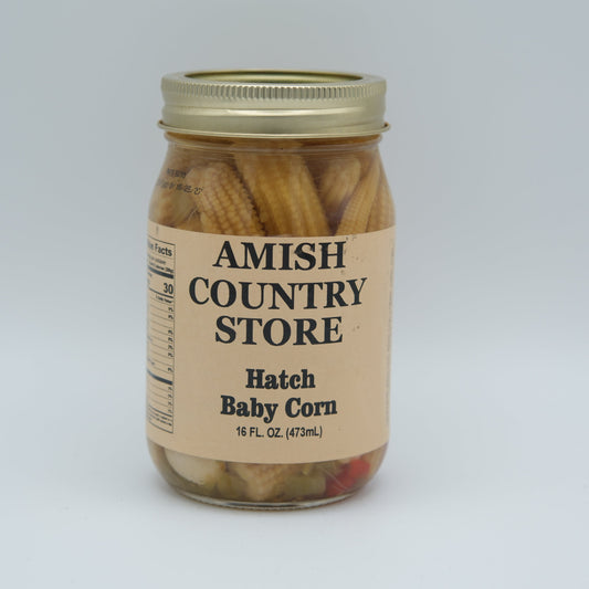 Canned Amish Country Store Hatch Baby Corn in 16oz, bright yellow corn kernels in a can, ideal for cooking and salads.