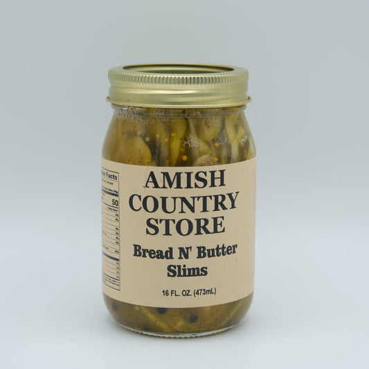 Canned Bread N' Butter Slims by Amish Country Store in a 16 oz can with a label showing bread slices and butter.