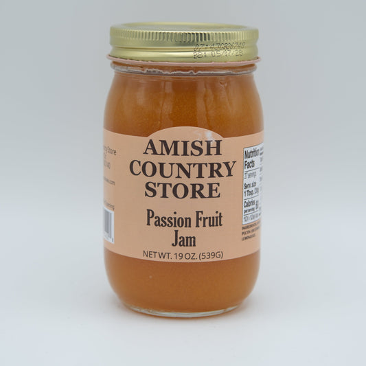 Amish Country Store passion fruit jam jar featuring a colorful label and lid, showcasing the Amish jam product.