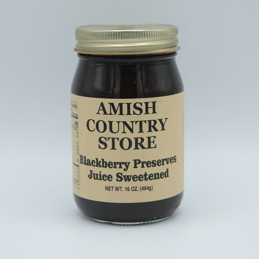 Canned Blackberry Preserve Juice by Amish Country Store in a 16 oz jar, showcasing the dark, ripe blackberry preserve in a glass jar.