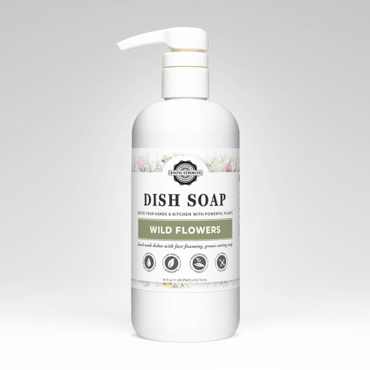 Rustic Strength Wild Flowers dish soap in a 16oz bottle, featuring a floral design and natural cleaning ingredients.