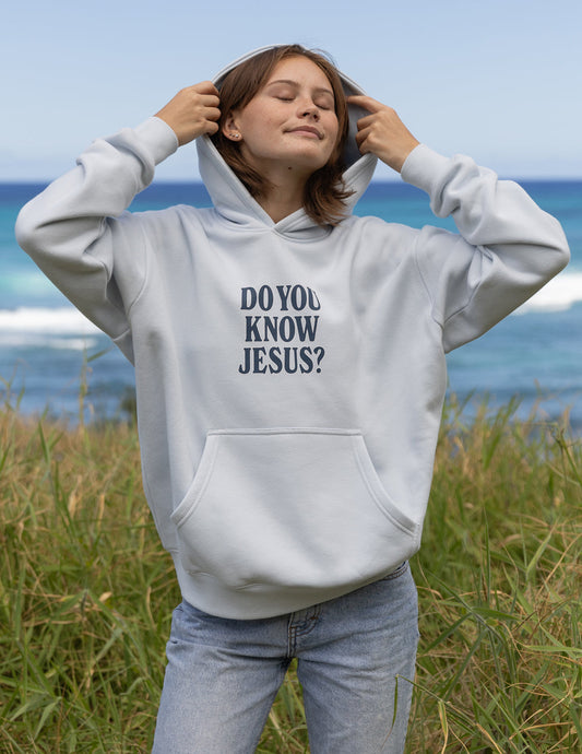 Unisex hoodie by Elevated Faith featuring "Do You Know Jesus" design, soft fabric, and casual fit.