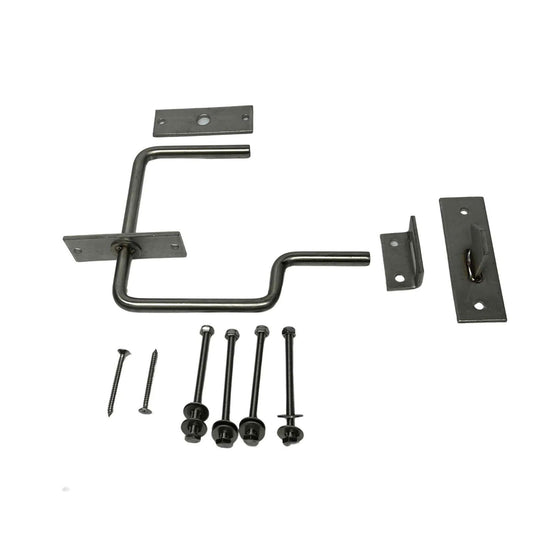 Stainless steel gate latch hardware kit showing a main latch mechanism, four long bolts, and two shorter screws with washers, against a white background