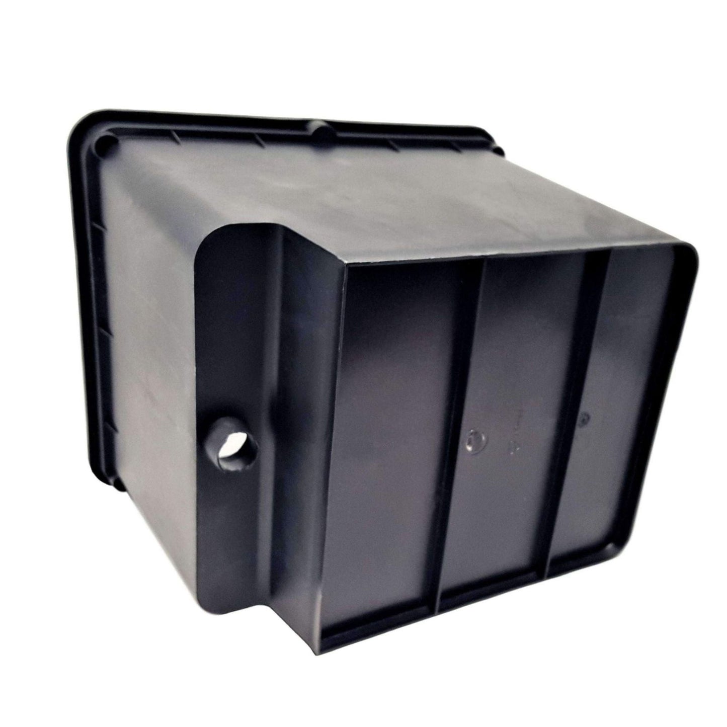 Plastic storage container showing a dark gray hue with a small hole and subtle molding details on a white background