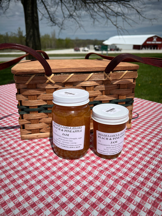 Amish Miller’s Peach & Pineapple Jam jar from Amish Country Store, with a label showing fresh fruit images and a golden lid.