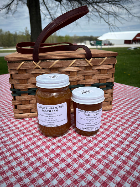 Jar of Miller's Peach Jam, Amish-made Amish jam by Amish Country Store, with fresh peaches and natural ingredients.