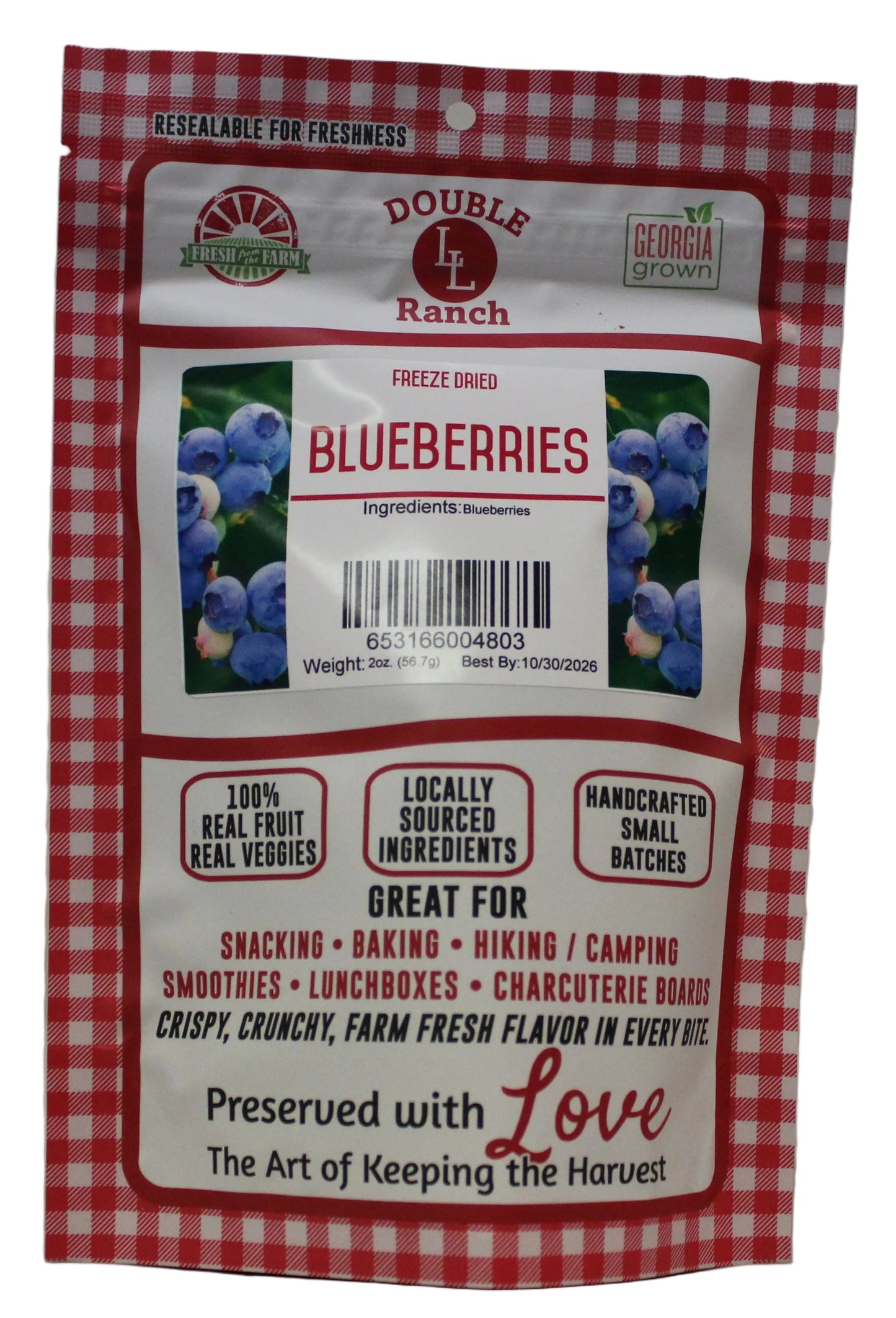 Freeze-dried blueberries by Double L Ranch, showing vibrant, dried blueberries in natural close-up image.