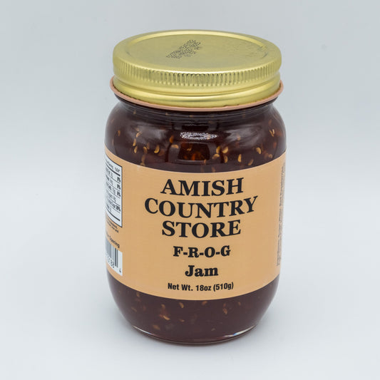 FROG Jam in an 18 oz can from Amish Country Store, front view showing the label and product packaging.