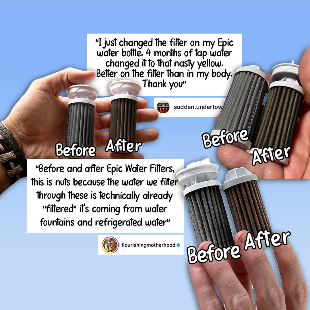 Epic Water Filters USA Everywhere Bottle filter replacement cartridge showing before and after filtration in a clear container.