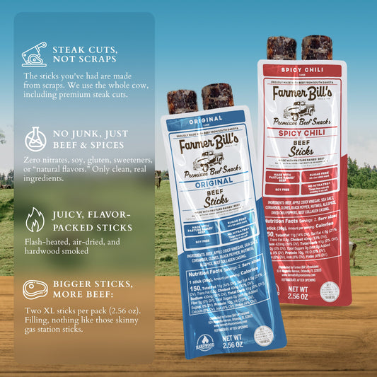 Farmer Bill's Provisions beef stick bundle featuring multiple savory beef sticks arranged for display.