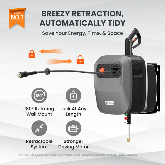 Giraffe Tools US Grandfalls G20 retractable pressure washer with hose reel and spray gun for outdoor cleaning tasks.