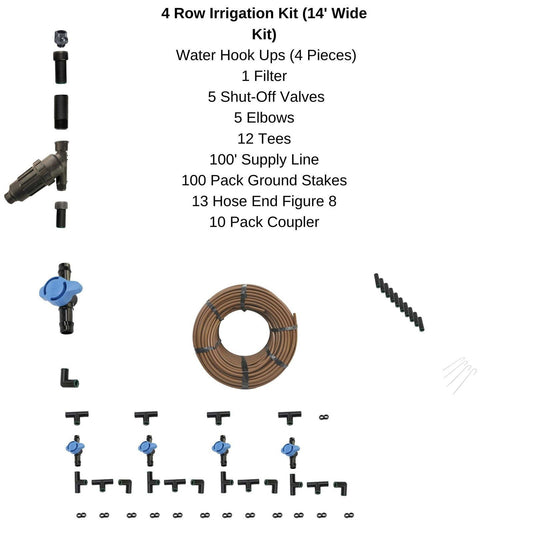 Diagram showing a 4 Row Irrigation Kit including a 100' supply line, blue shut-off valves, brown tubing, and black connectors.