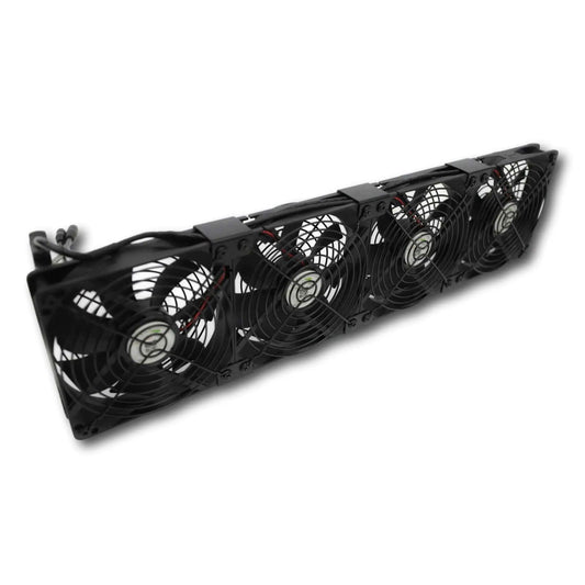 Product shot of a black four-fan cooling system with visible wiring and small green lights against a white background