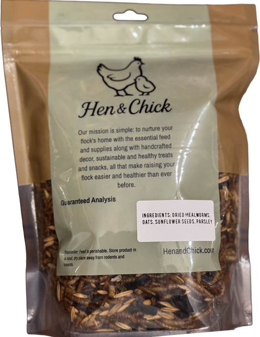 Hen & Chick Prairie Medley treat with mixed grains and seeds in a clear package, showcasing the natural ingredients.