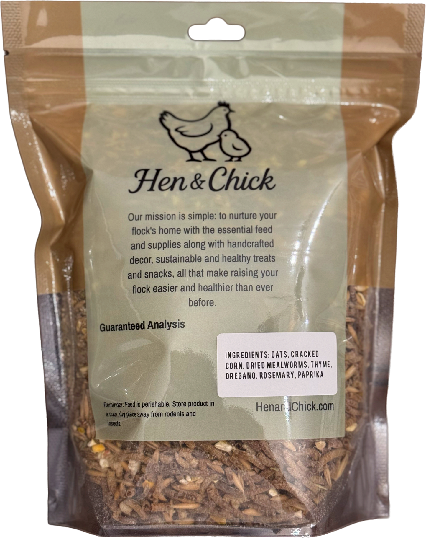 Back view of Herb & Hen treat by Hen & Chick, featuring fresh herbs and natural ingredients in a packaged treat.