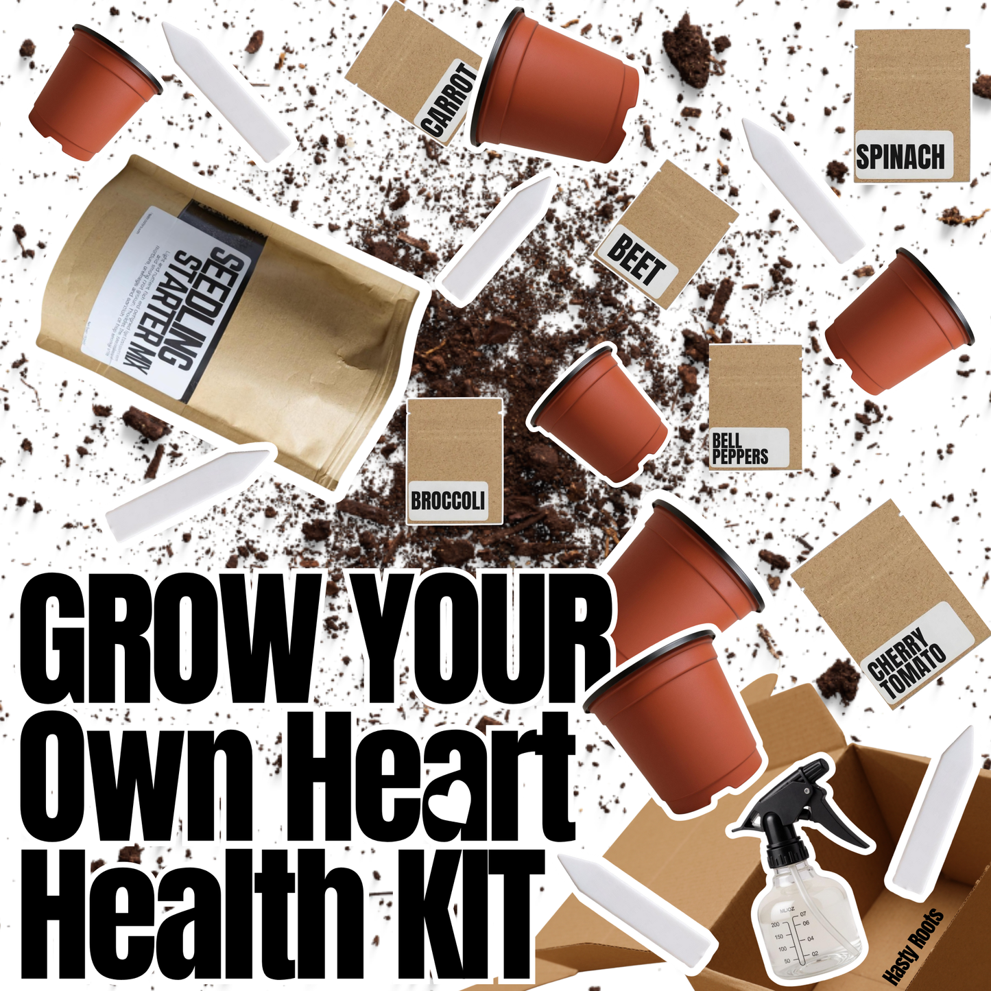 Hasty Roots Heart Health Garden Kit with planting tools and seed packets for growing heart-healthy herbs and vegetables.