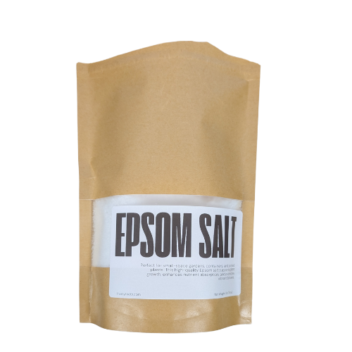 Hasty Roots Epsom Salt soil enhancer, showing white crystalline mineral in a container, used to improve plant health and growth.