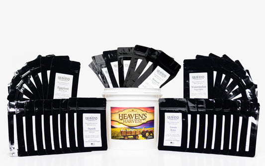 Heaven's Harvest heirloom vegetable seed kit with various seed packets and planting instructions on a rustic wooden surface.