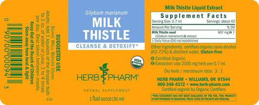 Herb Pharm Milk Thistle supplement label with branding, 4 oz bottle for liver support by Cozy Farm