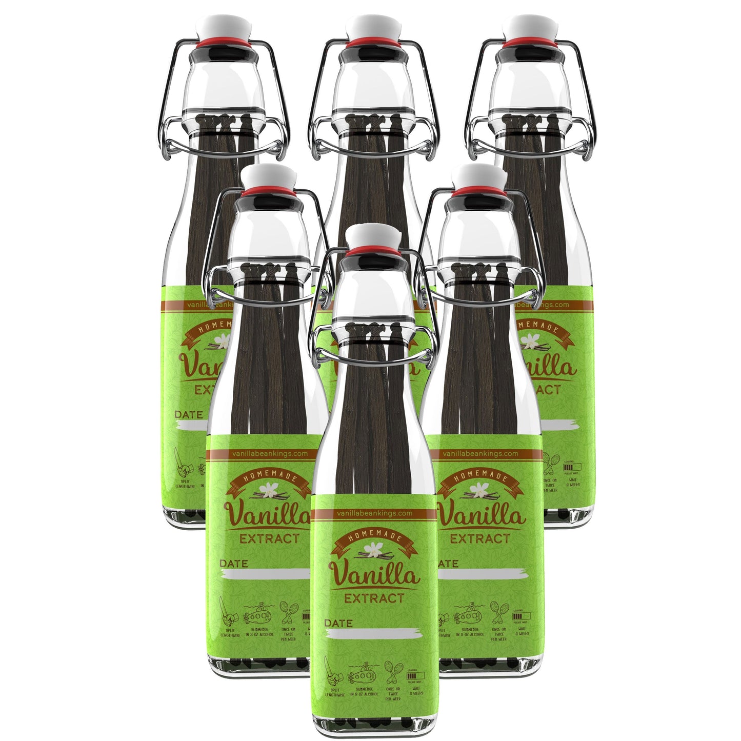 Six bottles of homemade vanilla extract with organic Madagascar vanilla beans from Vanilla Bean Kings, displayed in a mockup image.