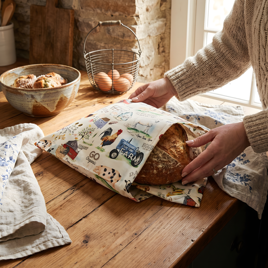 Beeswaxed bread bag from Five Oaks Farm, natural fabric with beeswax coating for storing bread and keeping it fresh.