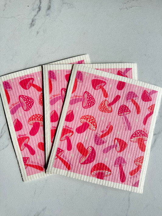 Pink Mushroom Swedish Dish Cloth Set of 3 - Blessings Grow Meadows