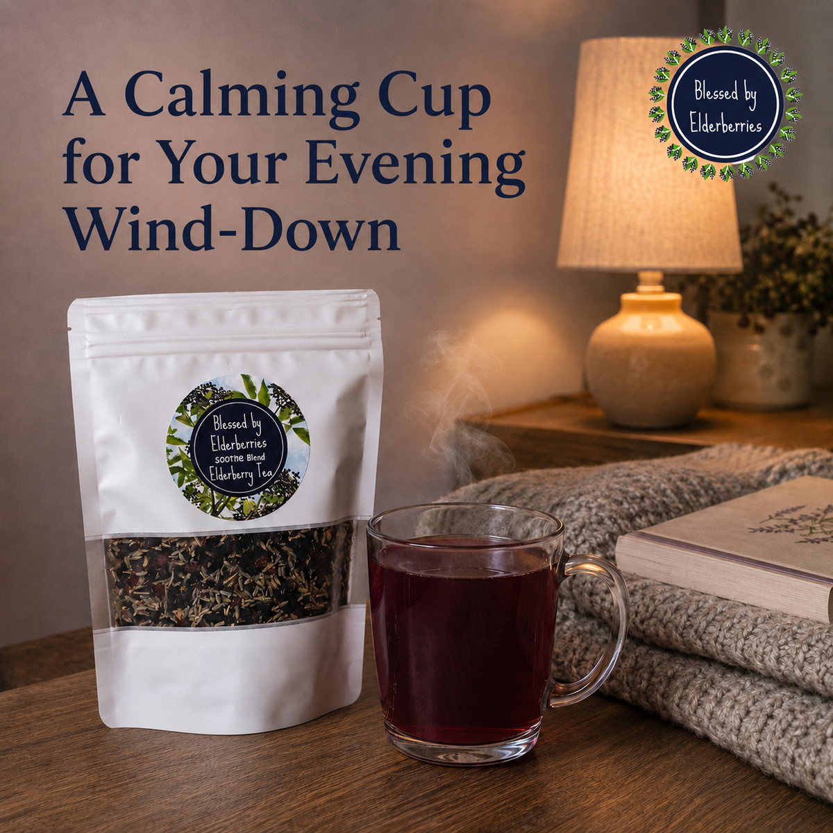 Blessed by Elderberries Soothe Blend Elderberry Tea in a clear cup with dried elderberries and herbs on a wooden surface.