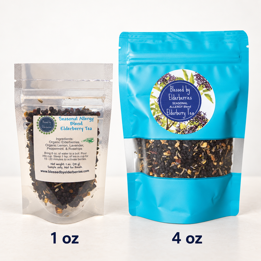 Loose leaf Elderberry Tea from Blessed by Elderberries, seasonal allergy blend with dried elderberries and herbs in a clear jar.