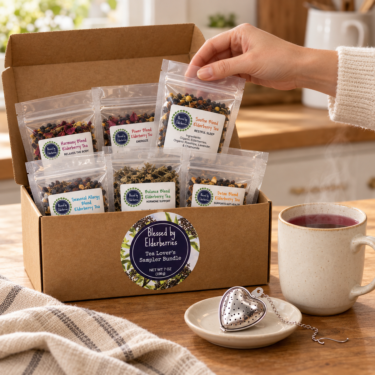 Herbal tea sampler bundle featuring various blends from Blessed by Elderberries, perfect for tea lovers.