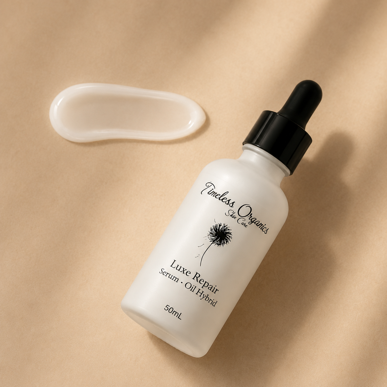 Timeless Organics Luxe Repair Serum-Oil Hybrid in a sleek glass bottle with dropper, showcasing the serum inside.