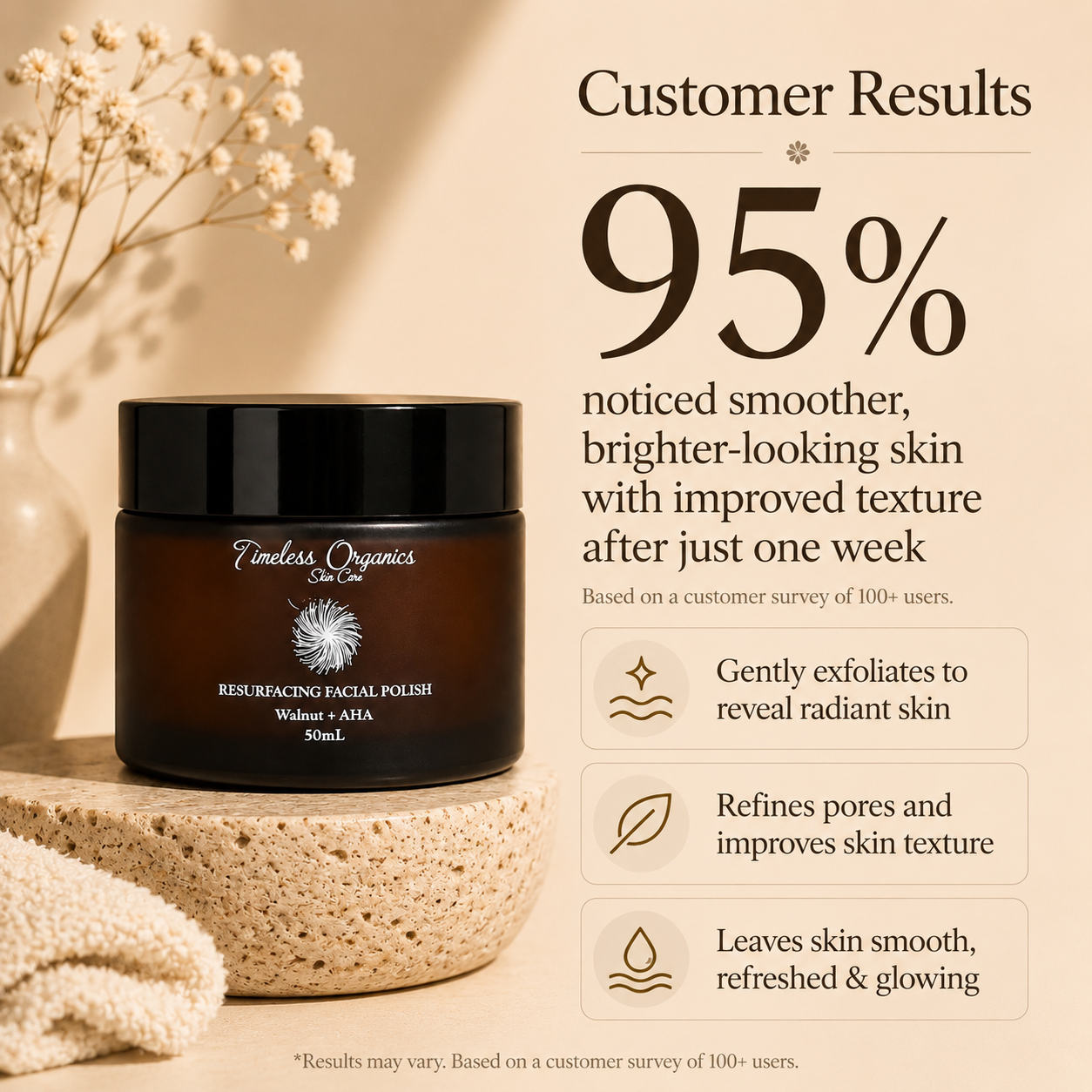 Timeless Organics Skin Care resurfacing facial polish with walnut and AHA, showing a jar of exfoliating scrub with natural ingredients.