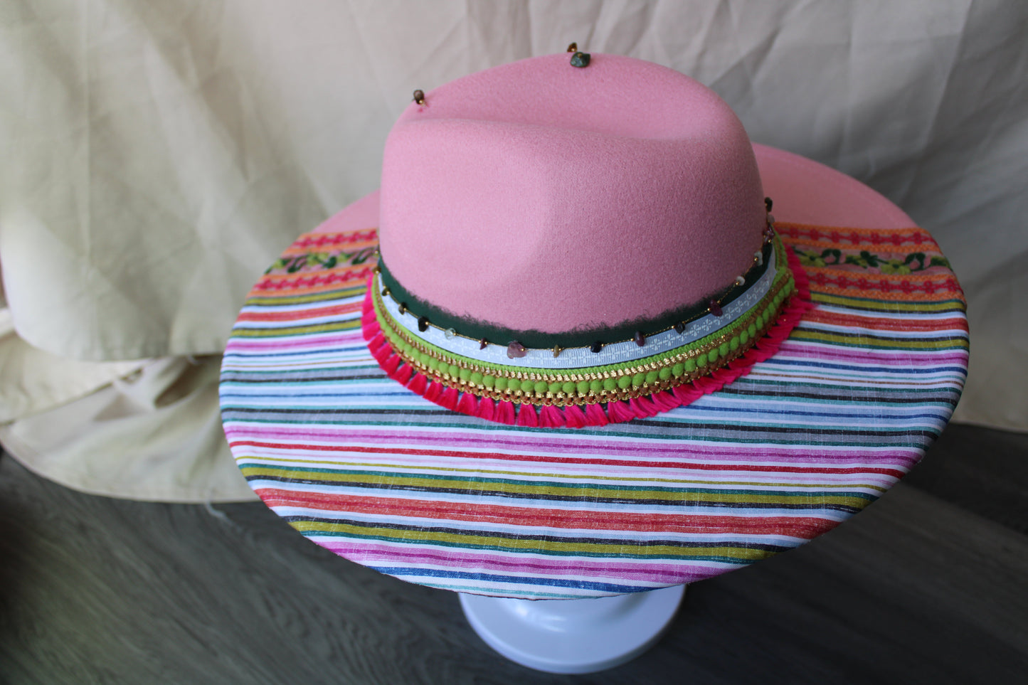 One-of-a-Kind Hand-Decorated Felt Fedora – Bright Stripes & Beaded Chain Details