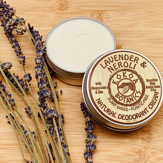KOKOA BOTANICS Lavender & Neroli natural deodorant cream for sensitive skin in a 2.5 oz jar, baking soda free and soothing.