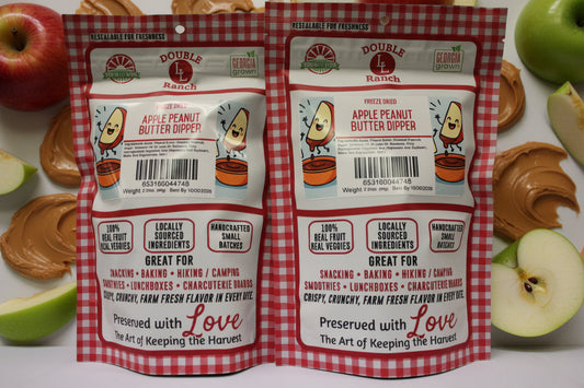 Freeze-dried apple peanut butter dippers by Double L Ranch, showing crunchy snack pieces with apple and peanut butter flavors.