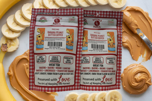 Freeze-dried banana peanut butter dippers from Double L Ranch, showing crunchy banana and peanut butter snack pieces.
