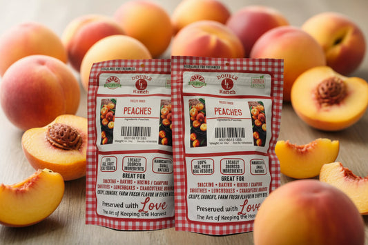 Freeze dried peaches by Double L Ranch, showing vibrant slices with a textured, crispy surface and bright orange color.