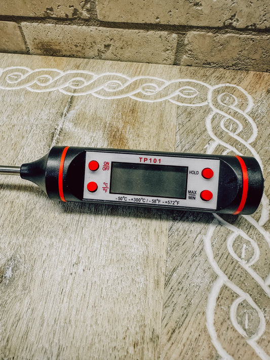 Onic Brands bread thermometer with digital display, stainless steel probe for precise baking temperature measurement.